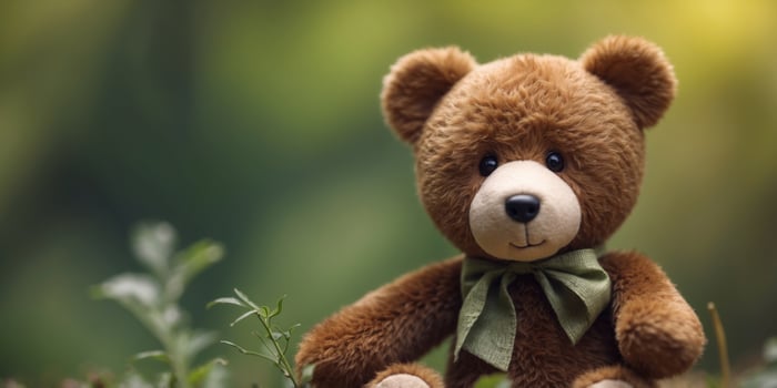 Brown bear doll sitting on blurred green natural background. photo