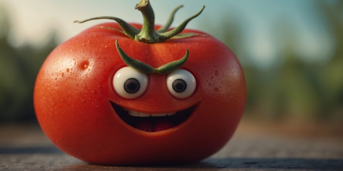 A drawing of a tomato with an angry face on it,. photo