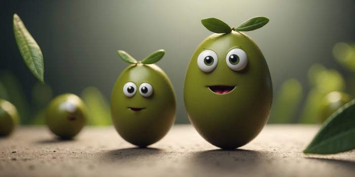 Green olive character with a playful wink and green leaf on white. photo