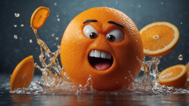 Angry orange character with splashing juice. photo