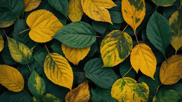 Creative layout of yellow and green autumn leaves. photo