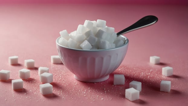 White sugar in the spoon and sugar cubes on pink. photo