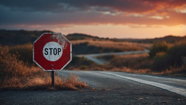Weathered Stop Sign on Abandoned Road at Dusk. photo