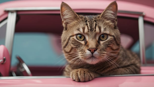 Charming feline in shades sitting in a pink retro vehicle on a pink background. photo
