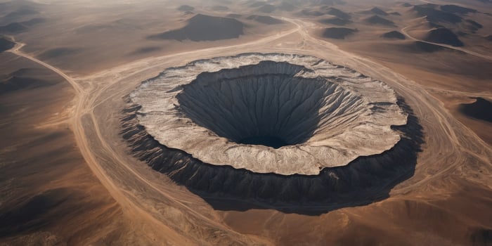 Aerial view of large crater in barren desert landscape with sparse road networks. photo