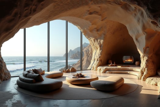 photo of concept bedroom inside giant stone and cave with nature sea and waterfall in background,