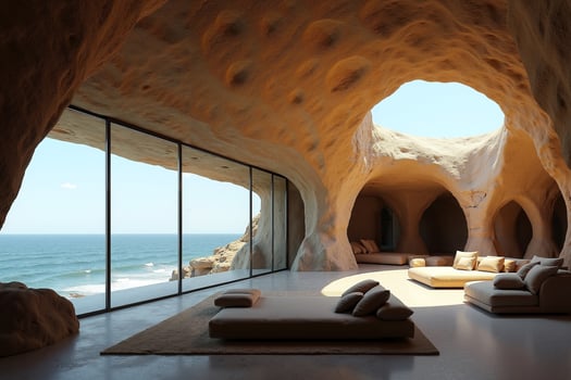 photo of concept bedroom inside giant stone and cave with nature sea and waterfall in background,