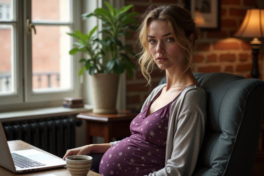 photo of happy pregnant woman working and sitting at her office,