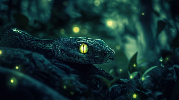 Green wooden snake with emerald eyes on a dark background. photo
