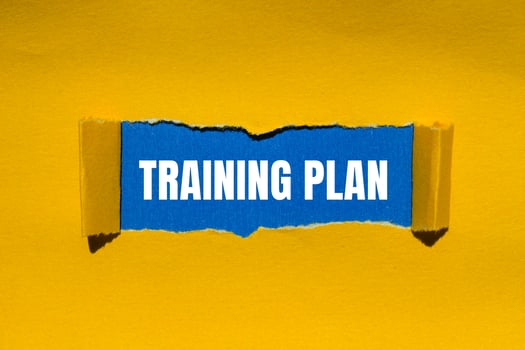 Training plan message written on ripped torn yellow paper with blue background. Conceptual training plan symbol. Copy space. photo