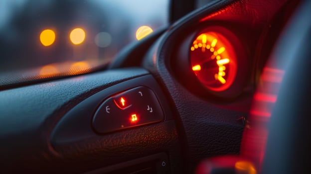 An extreme closeup of the parking brake indicator light on the dashboard indicating whether the brake is engaged or not photo