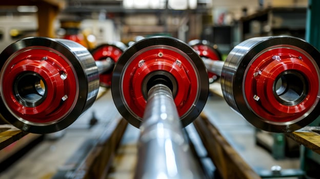 A view of a cars axle with four bright red wheel bearings in the center each one meticulously aligned with precision photo