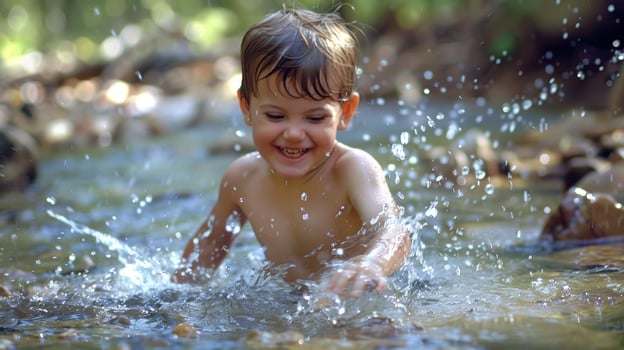 A child gleefully splashes in a shallow stream unaware of the stressreducing effects of the cold water on their innocent mind photo