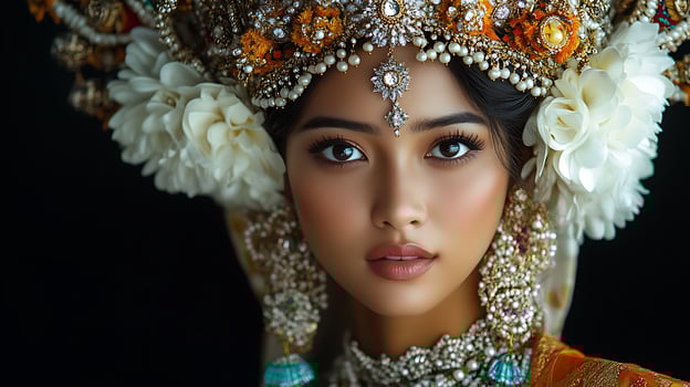 Portrait of a woman wearing traditional Indian jewelry and a headdress. photo