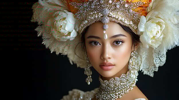 A beautiful woman wearing traditional Indian jewelry and a headpiece adorned with flowers and feathers. photo
