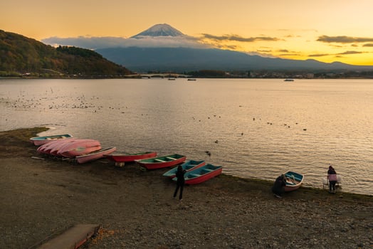 Mount Fuji at Lake Kawaguchi in the evening sunset. Mt Fujisan in Fujikawaguchiko, Yamanashi, Japan. Landmark for tourists attraction. Japan Travel, Destination, Vacation and Mount Fuji Day concept photo