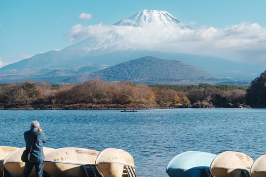 Mount Fuji at lake Shoji near Kawaguchiko, one of the Fuji Five Lakes located in Yamanashi, Japan. Landmark for tourists attraction. Japan Travel, Destination, Vacation and Mount Fuji Day concept photo