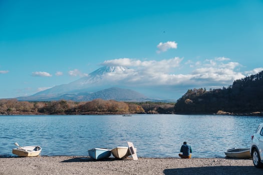 Mount Fuji at lake Shoji near Kawaguchiko, one of the Fuji Five Lakes located in Yamanashi, Japan. Landmark for tourists attraction. Japan Travel, Destination, Vacation and Mount Fuji Day concept photo