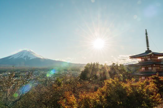 Mount Fuji view at Chureito Pagoda in Autumn season, Mt Fujisan in Arakurayama Sengen Park, Yamanashi, Japan. Landmark for tourists attraction. Japan Travel, Destination, Vacation and Mount Fuji Day photo