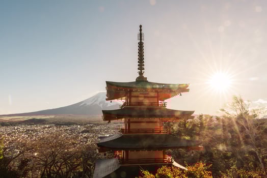 Mount Fuji view at Chureito Pagoda in Autumn season, Mt Fujisan in Arakurayama Sengen Park, Yamanashi, Japan. Landmark for tourists attraction. Japan Travel, Destination, Vacation and Mount Fuji Day photo