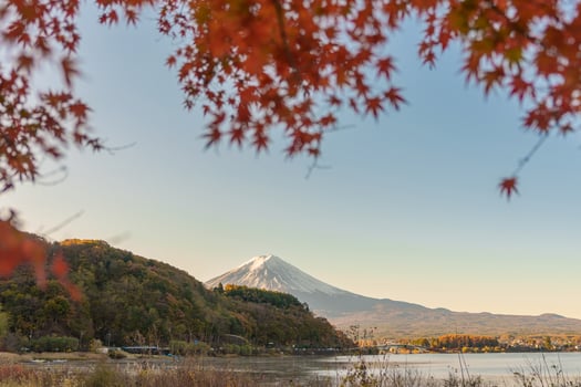 Mount Fuji view at Lake Kawaguchi in Autumn season. Mt Fujisan in Fujikawaguchiko, Yamanashi, Japan. Landmark for tourists attraction. Japan Travel, Destination, Vacation and Mount Fuji Day concept photo