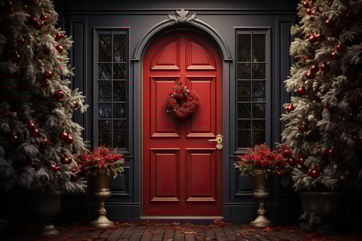The big red front door is decorated for the Christmas and New Year holidays. photo