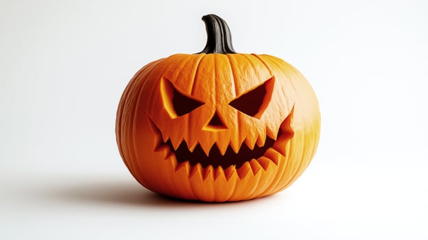 A bright orange carved pumpkin with a sinister face, perfectly embodies the spirit of Halloween on a plain background photo