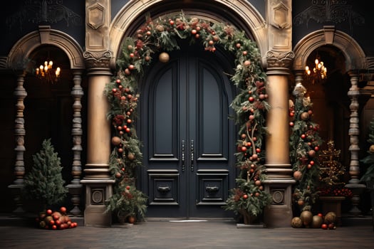 The anthracite-colored front door is decorated for Christmas. photo