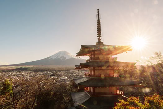 Mount Fuji view at Chureito Pagoda in Autumn season, Mt Fujisan in Arakurayama Sengen Park, Yamanashi, Japan. Landmark for tourists attraction. Japan Travel, Destination, Vacation and Mount Fuji Day photo