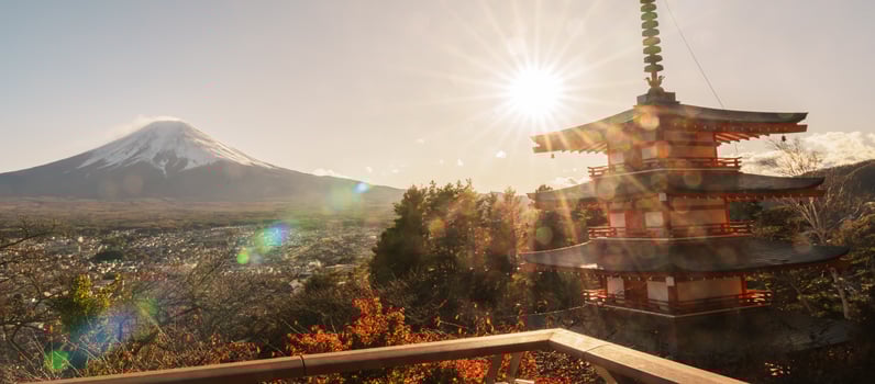 Mount Fuji view at Chureito Pagoda in Autumn season, Mt Fujisan in Arakurayama Sengen Park, Yamanashi, Japan. Landmark for tourists attraction. Japan Travel, Destination, Vacation and Mount Fuji Day photo