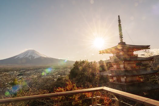 Mount Fuji view at Chureito Pagoda in Autumn season, Mt Fujisan in Arakurayama Sengen Park, Yamanashi, Japan. Landmark for tourists attraction. Japan Travel, Destination, Vacation and Mount Fuji Day photo