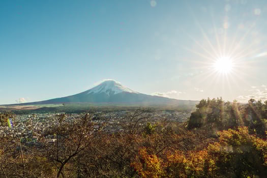 Mount Fuji view in Autumn season, colorful fall foliage leaves at Chureito Pagoda, Yamanashi, Japan. Landmark for tourists attraction. Japan Travel, Destination, Vacation and season change concept photo