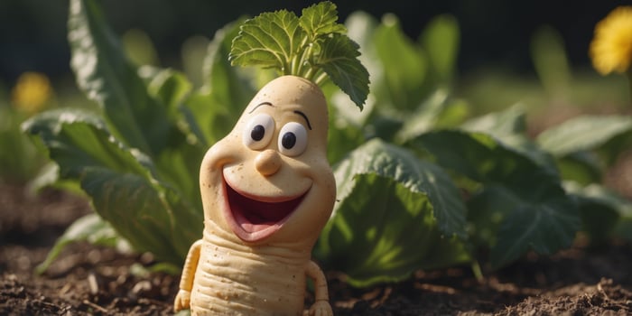 A cheerful animated horseradish with a smile on his face in the garden. photo