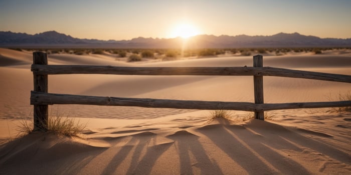Weathered wooden fence in desert sands under soft light. photo