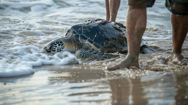 Sea turtle being released back into the ocean photo