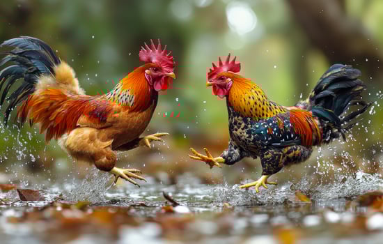 Two roosters are playing in the rain, one of them is yellow and the other is brown. Cockfighting photo