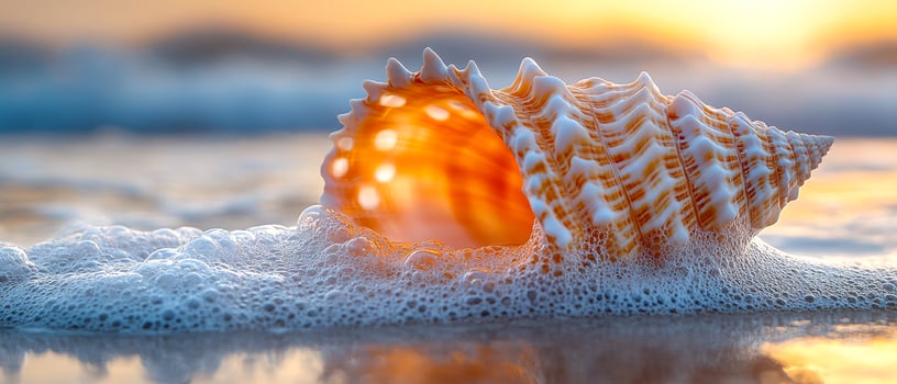 A large shell is on the beach, with the ocean in the background. The shell is open, revealing its interior. The scene is serene and peaceful, with the ocean waves gently lapping at the shore photo