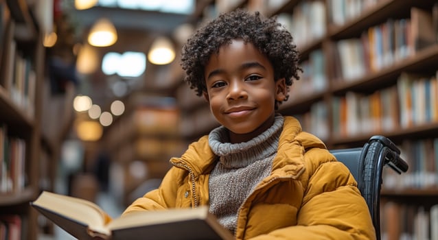 A young boy is sitting in a library reading a book. He is wearing a yellow jacket and a brown sweater. Inclusive education for children. Child in a wheelchair photo