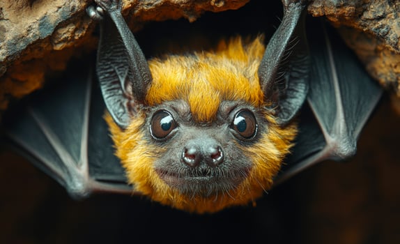 A bat is hanging from a rock and looking at the camera. The bat is brown and black photo