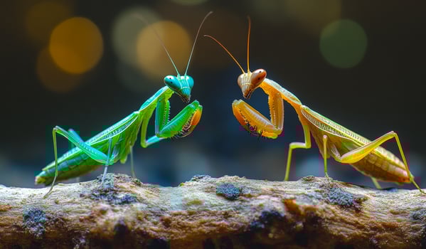 Two mantis insects are standing on a branch, one green and one yellow. The insects are facing each other, and their bodies are almost touching. The scene is peaceful and serene photo