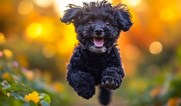 A black dog is running through a field of yellow flowers. The dog is happy and full of energy photo