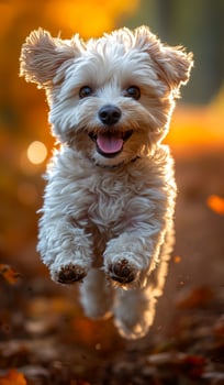 A white dog is jumping in the air and he is happy. The dog is surrounded by leaves and the sky is orange photo