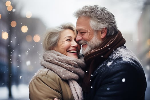 caucasian elderly couple happily cuddle each other under falling snow in the afternoon. gray haired man and woman in love, retired couple enjoying hugs photo