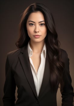 beautiful asian woman with loose dark hair in jacket and white shirt looking at camera. portrait of asian young businesswoman photo