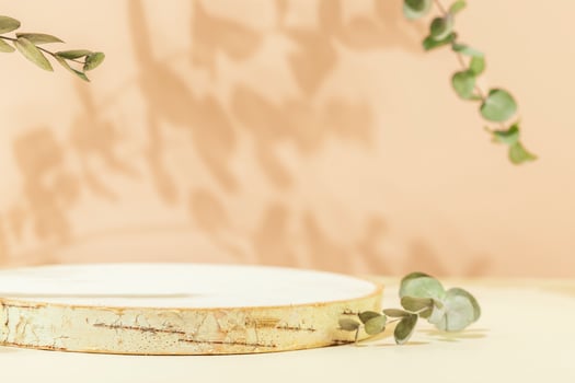 Closeup empty product display on pink background with green eucalyptus leaves photo