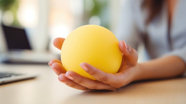 Closeup of a persons hands holding a stress ball, indicating a moment of relaxation and stress management during a hectic work schedule. photo