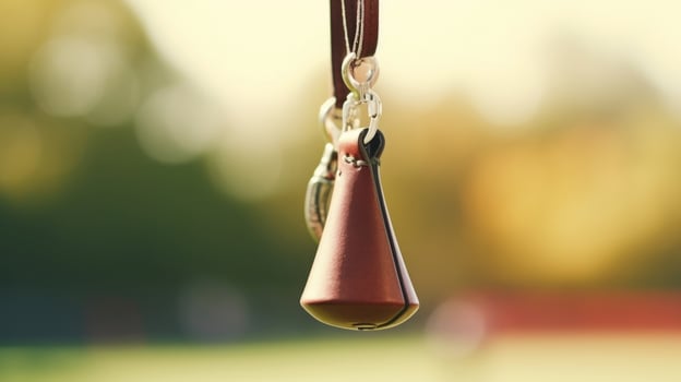 Closeup of a coachs whistle hanging around their neck, ready to start practice. photo
