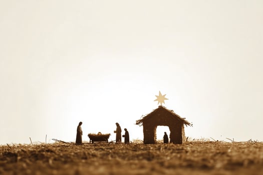 Christmas nativity scene with holy family in sepia tone photo