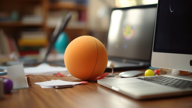 Closeup of a cled stress ball on a desk surrounded by work papers and a laptop. photo