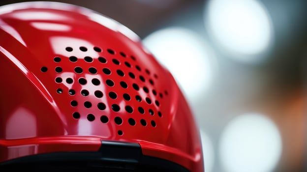 Closeup of a red helmet with ventilation holes. photo